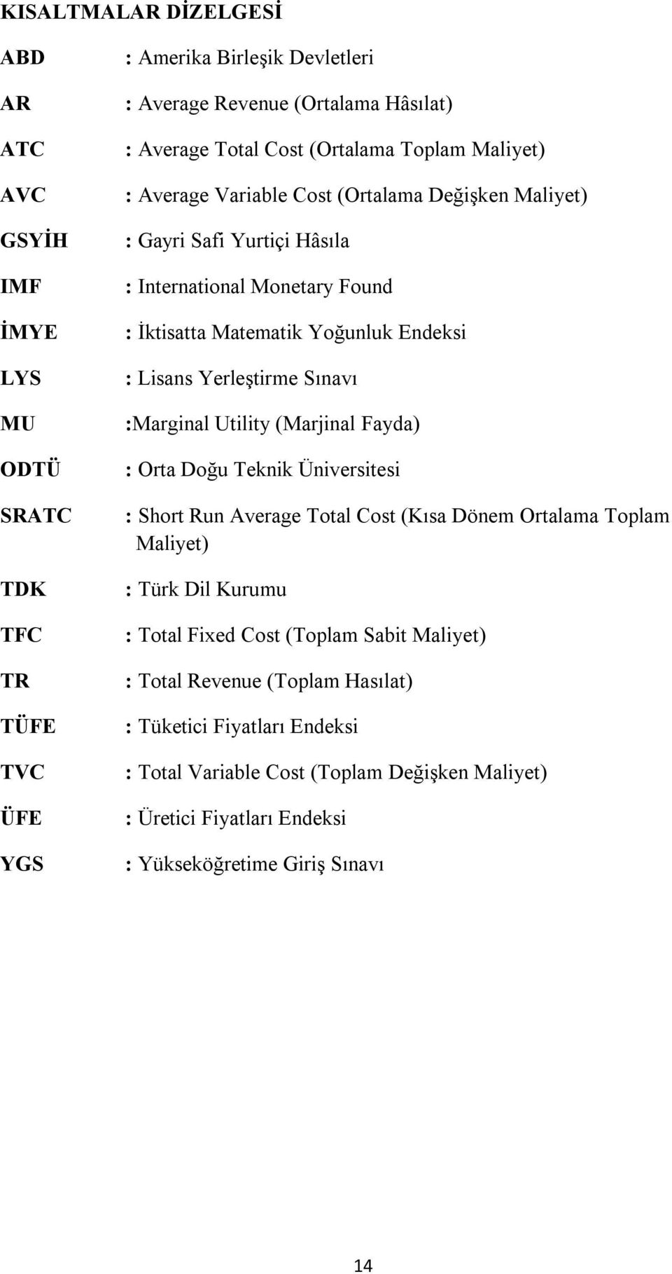 Yerleştirme Sınavı :Marginal Utility (Marjinal Fayda) : Orta Doğu Teknik : Short Run Average Total Cost (Kısa Dönem Ortalama Toplam Maliyet) : Türk Dil Kurumu : Total Fixed Cost (Toplam