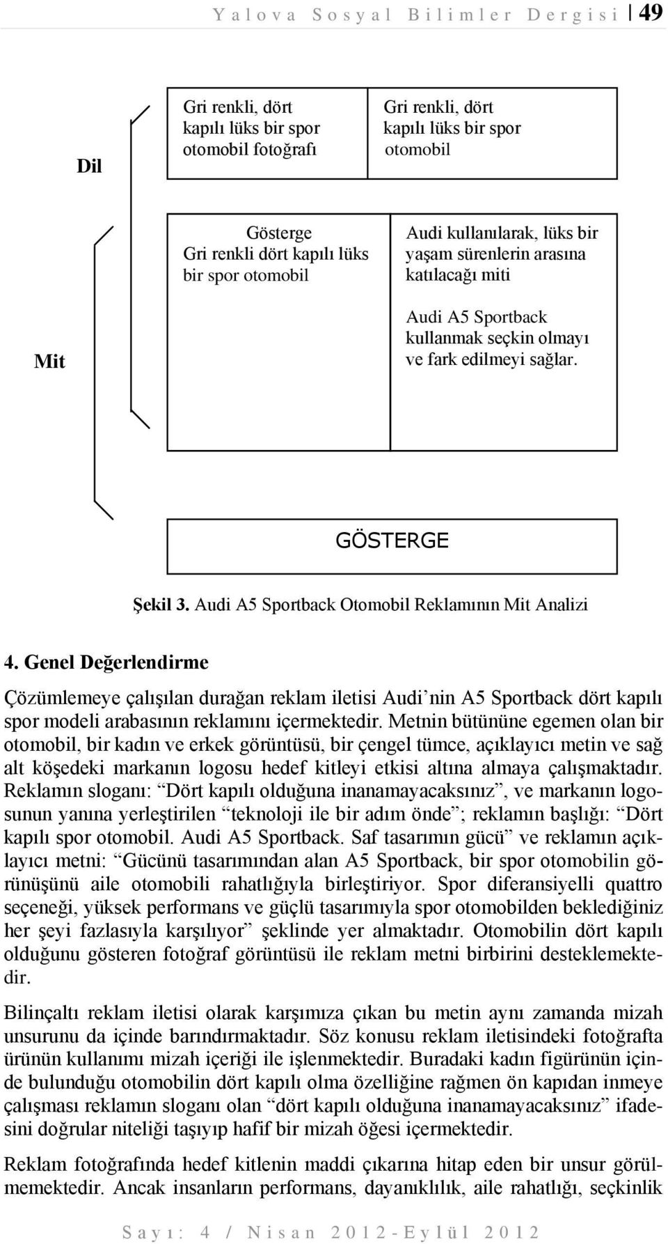 Audi A5 Sportback Otomobil Reklamının Mit Analizi 4. Genel Değerlendirme Çözümlemeye çalışılan durağan reklam iletisi Audi nin A5 Sportback dört kapılı spor modeli arabasının reklamını içermektedir.