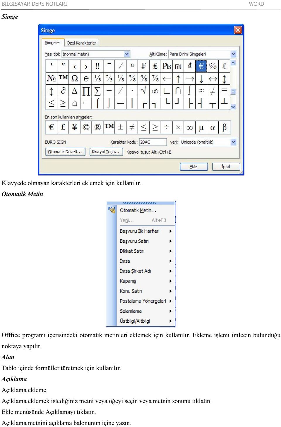 Ekleme işlemi imlecin bulunduğu noktaya yapılır. Alan Tablo içinde formüller türetmek için kullanılır.