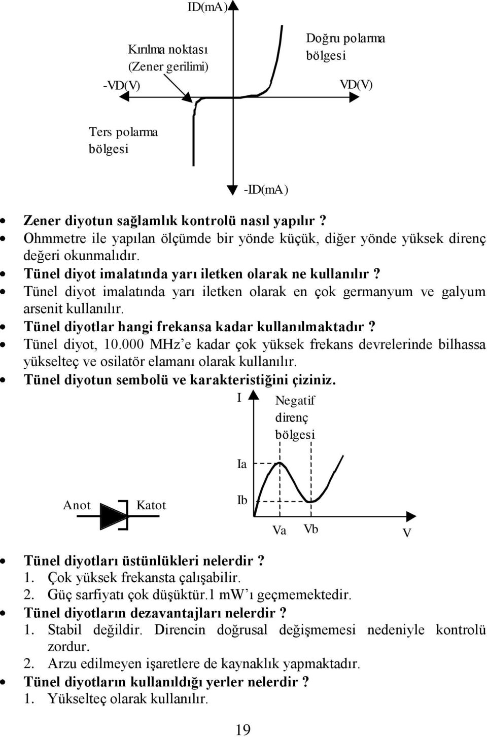 Tünel diyot imalatında yarı iletken olarak en çok germanyum ve galyum arsenit kullanılır. Tünel diyotlar hangi frekansa kadar kullanılmaktadır? Tünel diyot, 10.