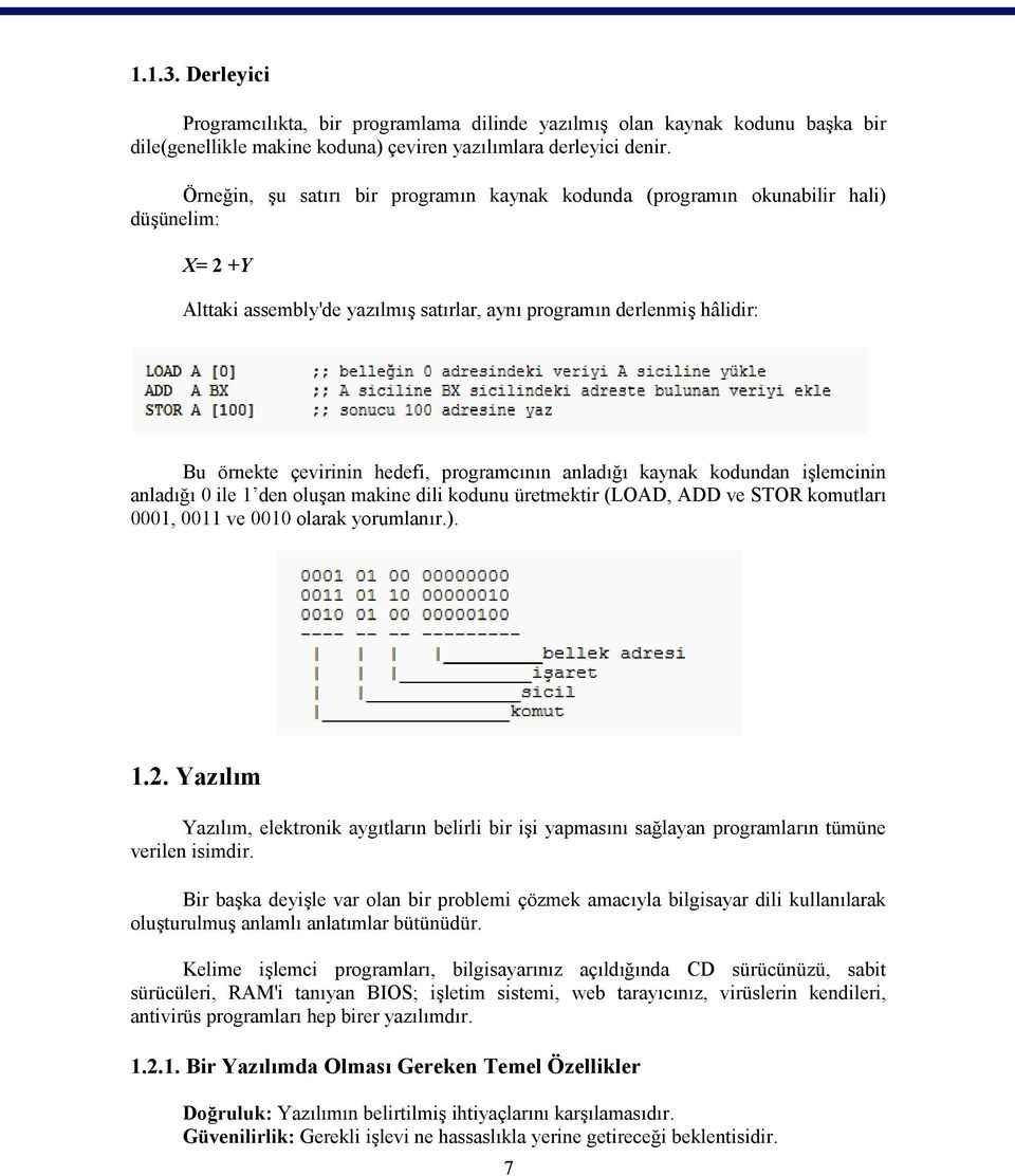 programcının anladığı kaynak kodundan işlemcinin anladığı 0 ile 1 den oluşan makine dili kodunu üretmektir (LOAD, ADD ve STOR komutları 0001, 0011 ve 0010 olarak yorumlanır.). 1.2.