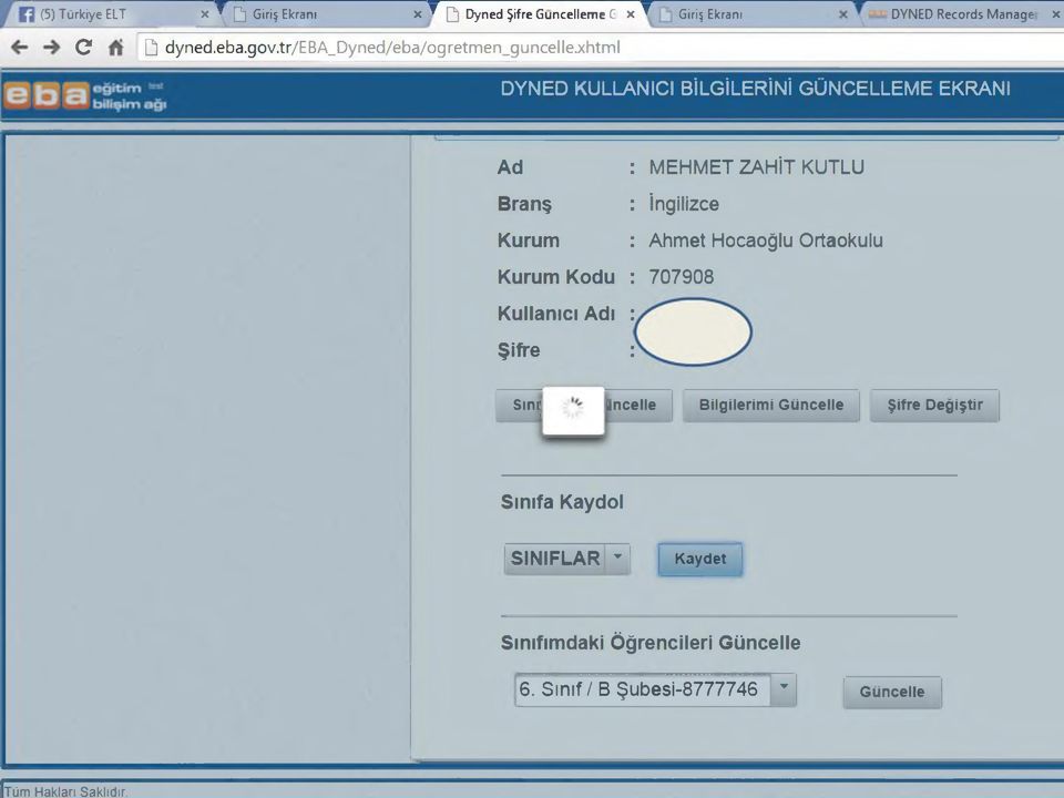 xhtml DYNED KULLANICI BİLGİLERİNİ GÜNCELLEME EKRANI Ad Branş Kurum Kurum Kodu MEHMET ZAHİT KUTLU İngilizce Ahmet Hocaoğlu