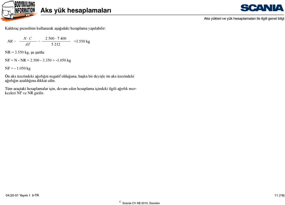 050 kg Ön aks üzerindeki ağırlığın negatif olduğuna, başka bir deyişle ön aks üzerindeki ağırlığın azaldığına