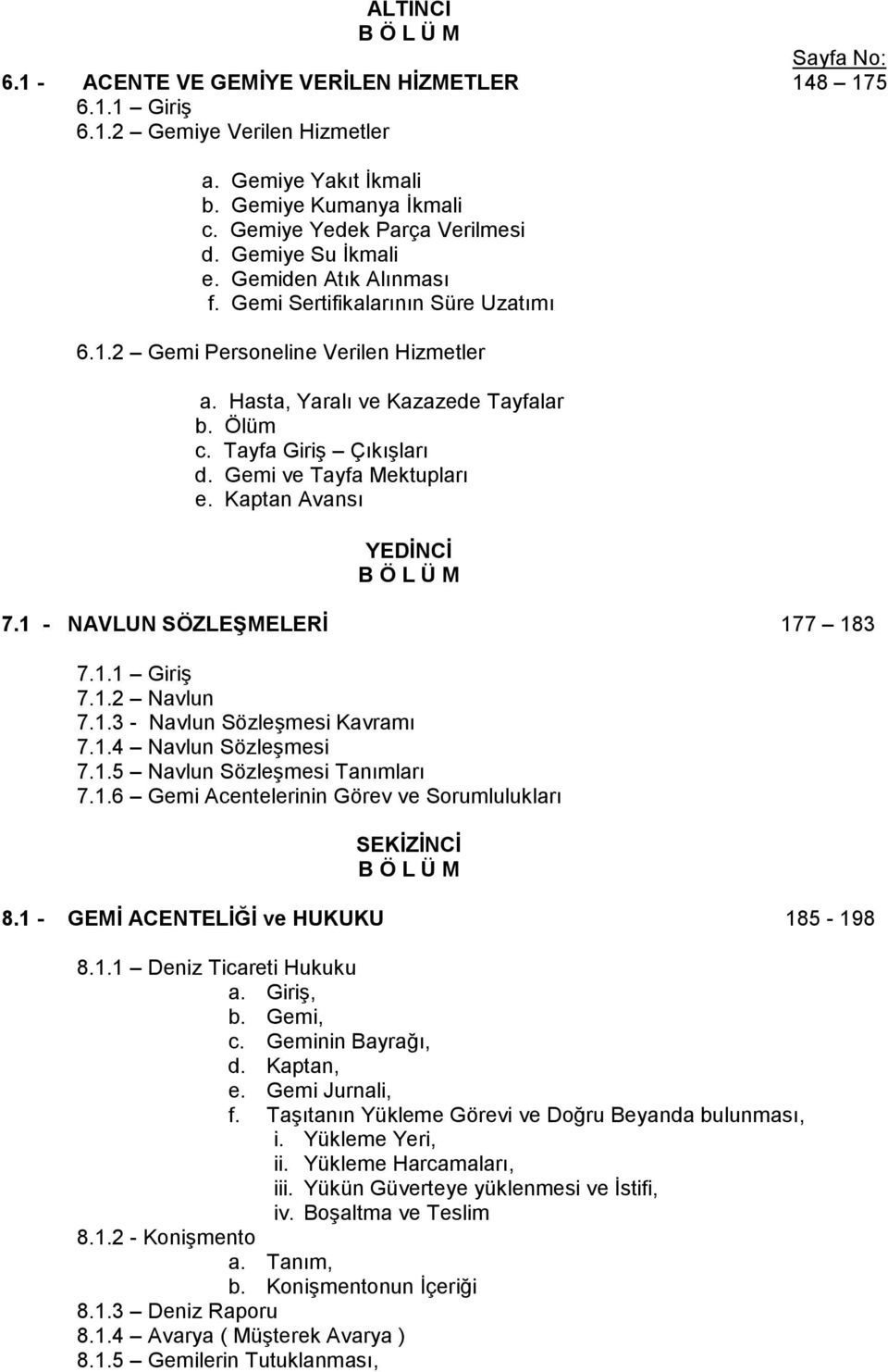 Ölüm c. Tayfa Giriş Çıkışları d. Gemi ve Tayfa Mektupları e. Kaptan Avansı YEDİNCİ B Ö L Ü M 7.1 - NAVLUN SÖZLEŞMELERİ 177 183 7.1.1 Giriş 7.1.2 Navlun 7.1.3 - Navlun Sözleşmesi Kavramı 7.1.4 Navlun Sözleşmesi 7.