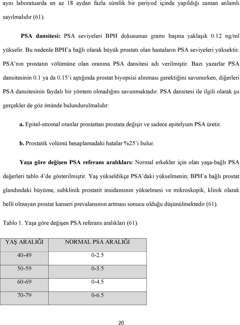 1 ya da 0.15 i aştığında prostat biyopsisi alınması gerektiğini savunurken, diğerleri PSA dansitesinin faydalı bir yöntem olmadığını savunmaktadır.