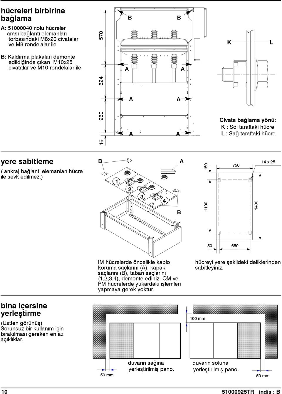 ) B 1 2 3 4 B A 150 1100 750 1400 14 x25 50 650 IM hücrelerde öncelikle kablo koruma saçlarını (A), kapak saçlarını (B), taban saçlarını (1,2,3,4), demonte ediniz.