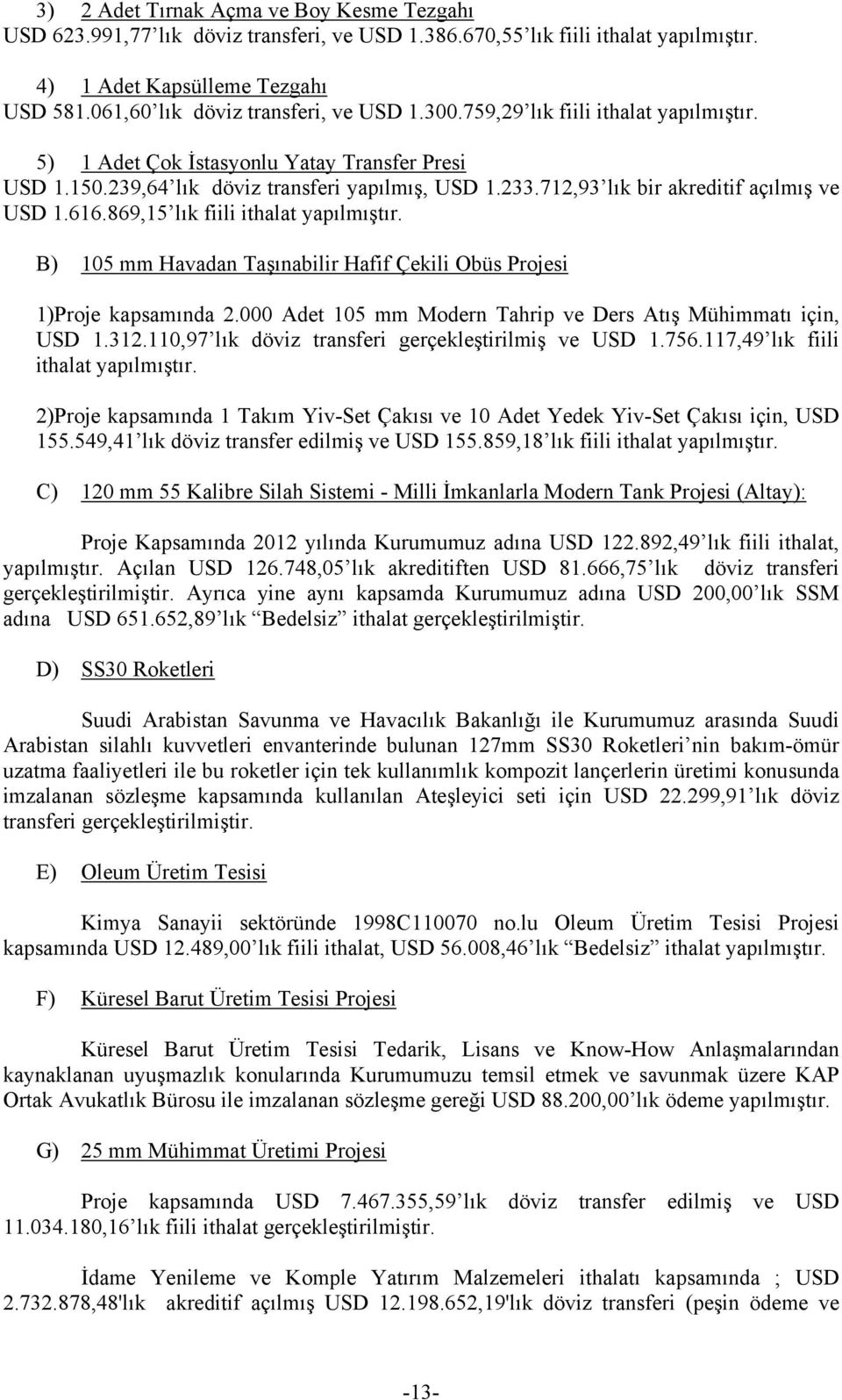 712,93 lık bir akreditif açılmış ve USD 1.616.869,15 lık fiili ithalat yapılmıştır. B) 105 mm Havadan Taşınabilir Hafif Çekili Obüs Projesi 1)Proje kapsamında 2.