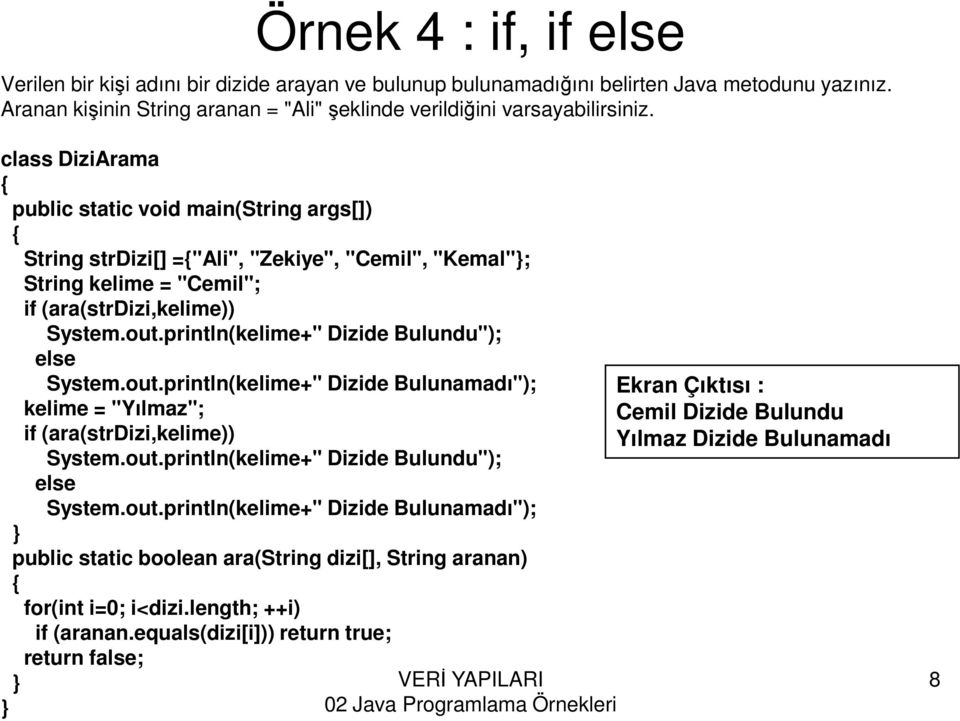 class DiziArama String strdizi[] ="Ali", "Zekiye", "Cemil", "Kemal"; String kelime = "Cemil"; if (ara(strdizi,kelime)) System.out.