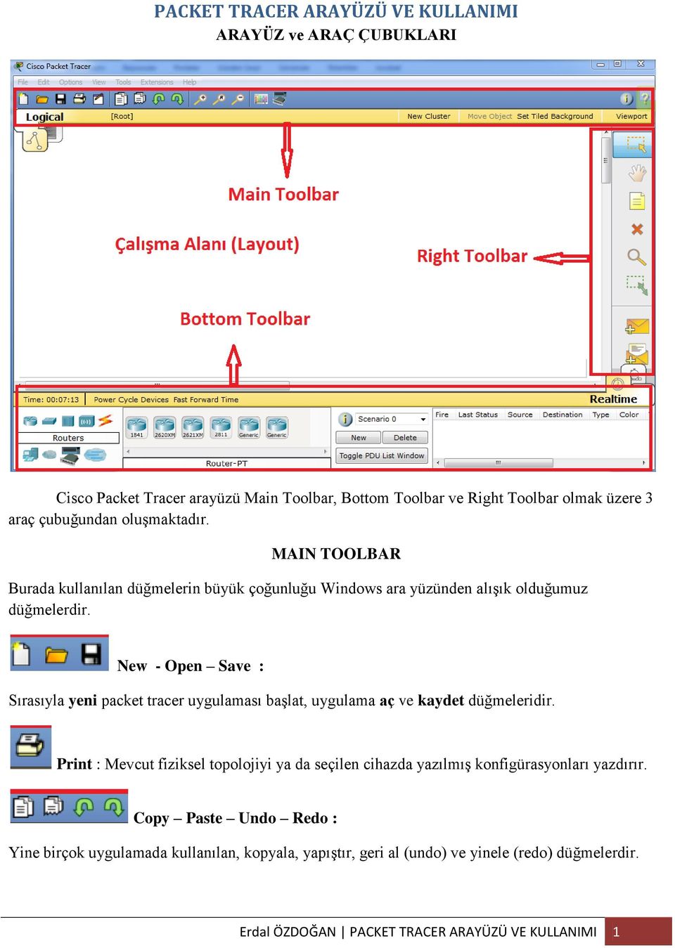 New - Open Save : Sırasıyla yeni packet tracer uygulaması başlat, uygulama aç ve kaydet düğmeleridir.