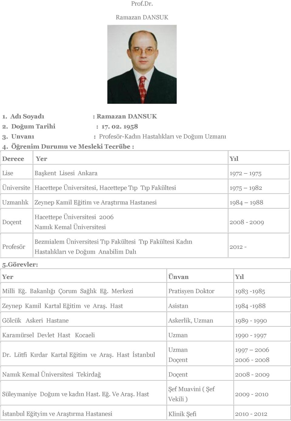 Araştırma Hastanesi 1984 1988 Doçent Profesör Hacettepe Üniversitesi 2006 Namık Kemal Üniversitesi Bezmialem Üniversitesi Tıp Fakültesi Tıp Fakültesi Kadın Hastalıkları ve Doğum Anabilim Dalı