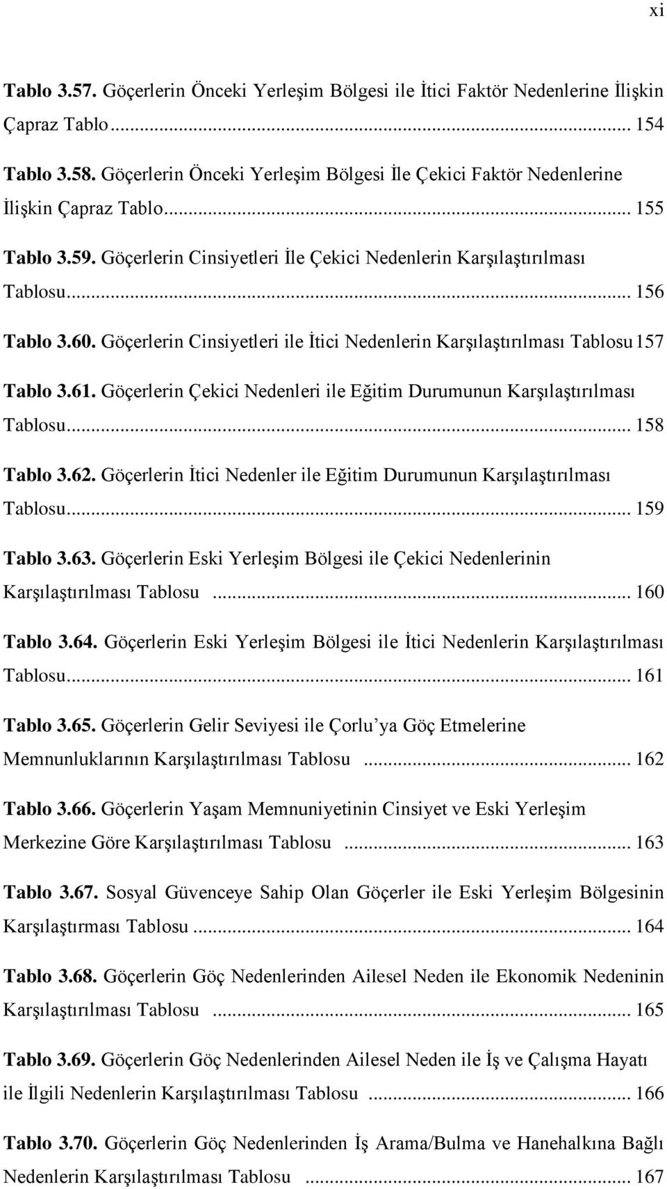 Göçerlerin Cinsiyetleri ile İtici Nedenlerin Karşılaştırılması Tablosu 157 Tablo 3.61. Göçerlerin Çekici Nedenleri ile Eğitim Durumunun Karşılaştırılması Tablosu... 158 Tablo 3.62.