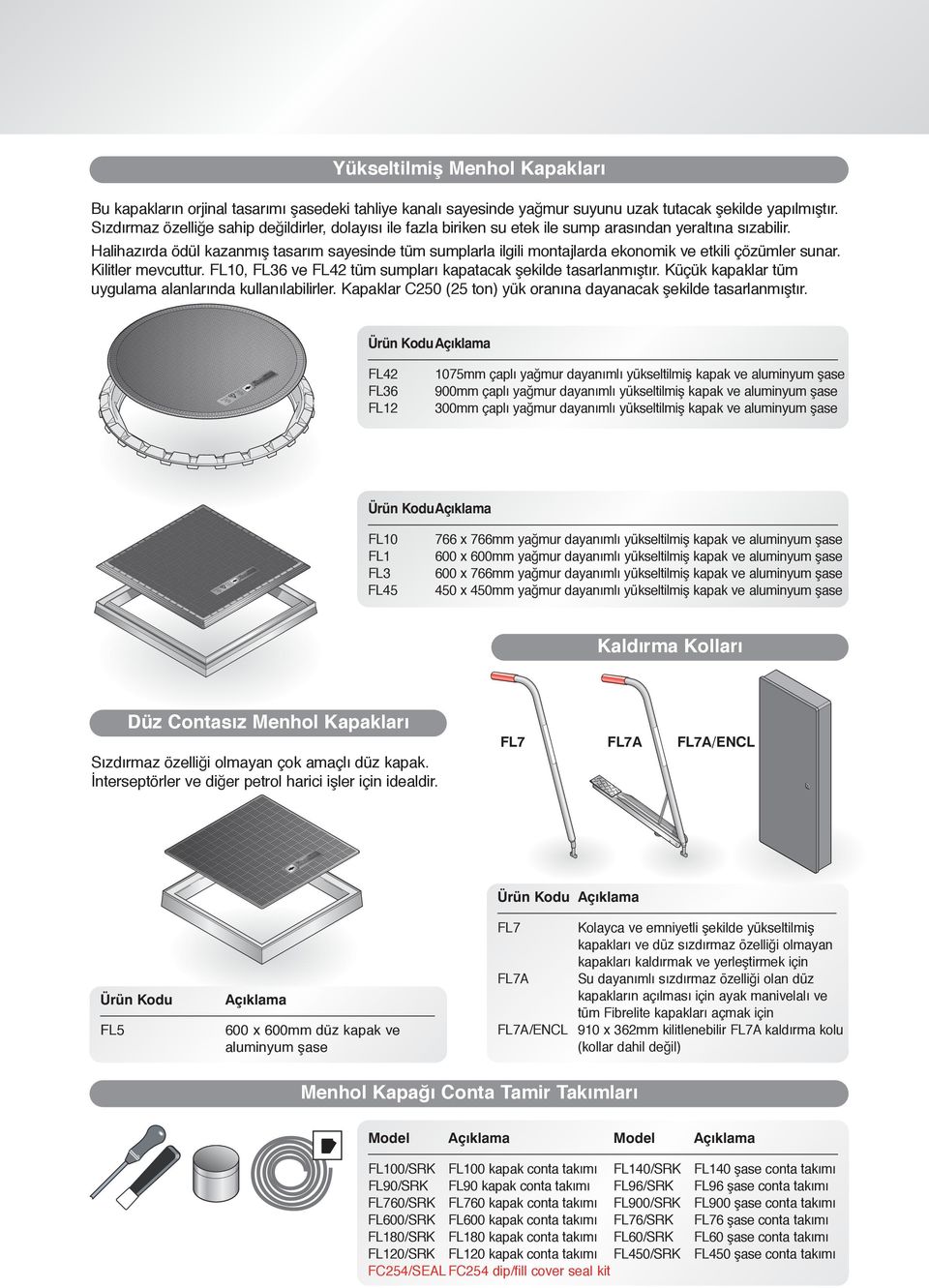 Halihazırda ödül kazanmış tasarım sayesinde tüm sumplarla ilgili montajlarda ekonomik ve etkili çözümler sunar. Kilitler mevcuttur. FL10, FL36 ve FL42 tüm sumpları kapatacak şekilde tasarlanmıştır.