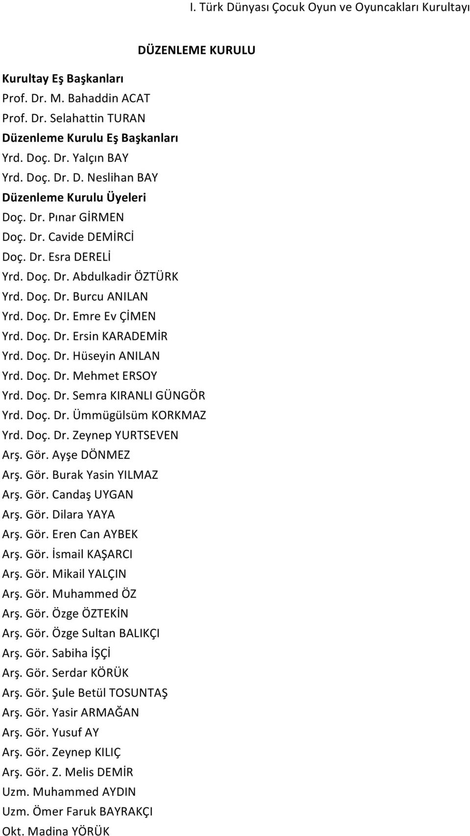 Doç. Dr. Ersin KARADEMİR Yrd. Doç. Dr. Hüseyin ANILAN Yrd. Doç. Dr. Mehmet ERSOY Yrd. Doç. Dr. Semra KIRANLI GÜNGÖR Yrd. Doç. Dr. Ümmügülsüm KORKMAZ Yrd. Doç. Dr. Zeynep YURTSEVEN Arş. Gör.