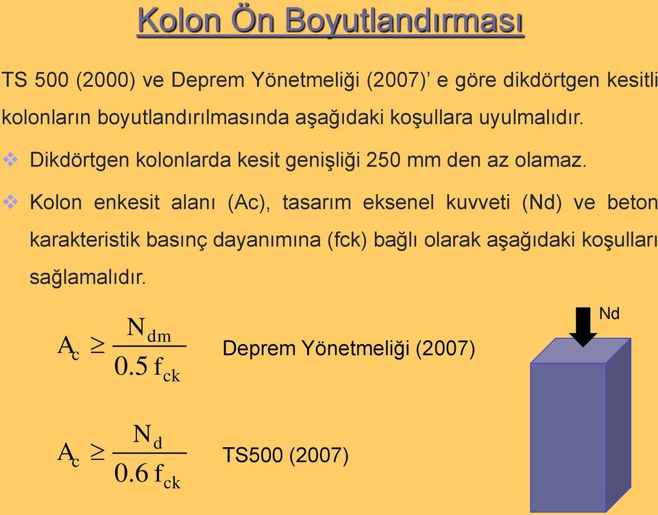 Dikdörtgen kolonlarda kesit genişliği 250 mm den az olamaz.