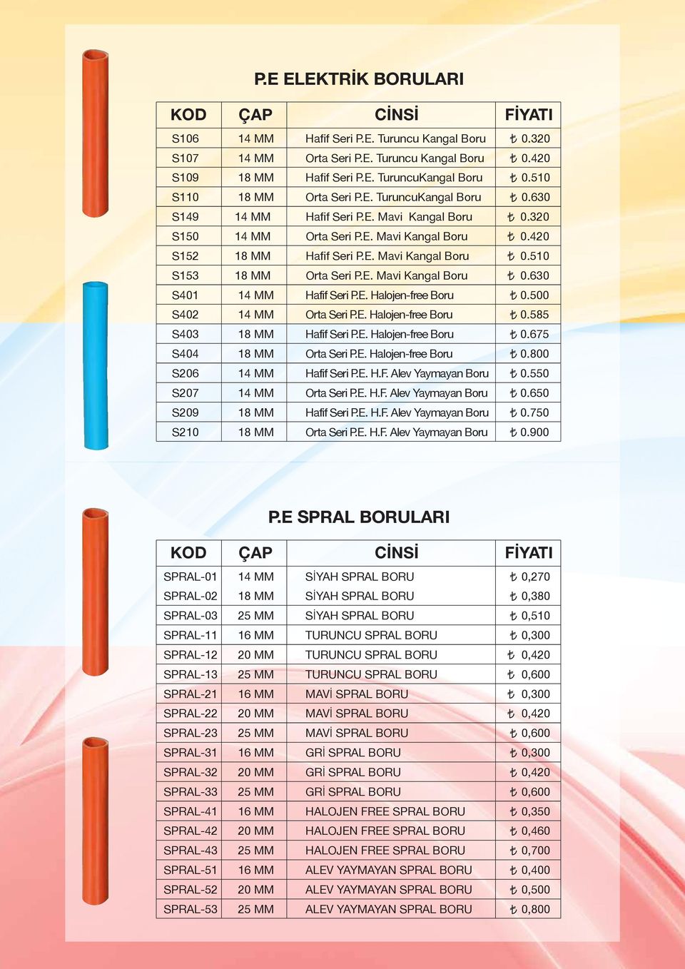 E. Halojen-free Boru 0.500 S402 Orta Seri P.E. Halojen-free Boru 0.585 S403 Hafif Seri P.E. Halojen-free Boru 0.675 S404 Orta Seri P.E. Halojen-free Boru 0.800 S206 Hafif Seri P.E. H.F.