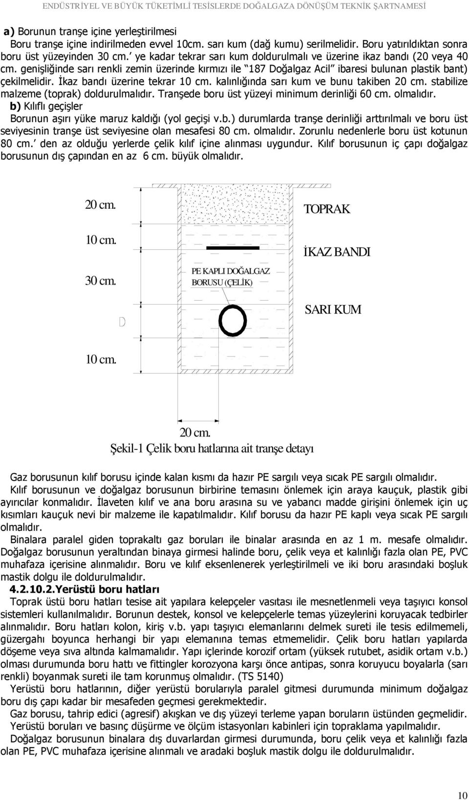 İkaz bandı üzerine tekrar 10 cm. kalınlığında sarı kum ve bunu takiben 20 cm. stabilize malzeme (toprak) doldurulmalıdır. Tranşede boru üst yüzeyi minimum derinliği 60 cm. olmalıdır.