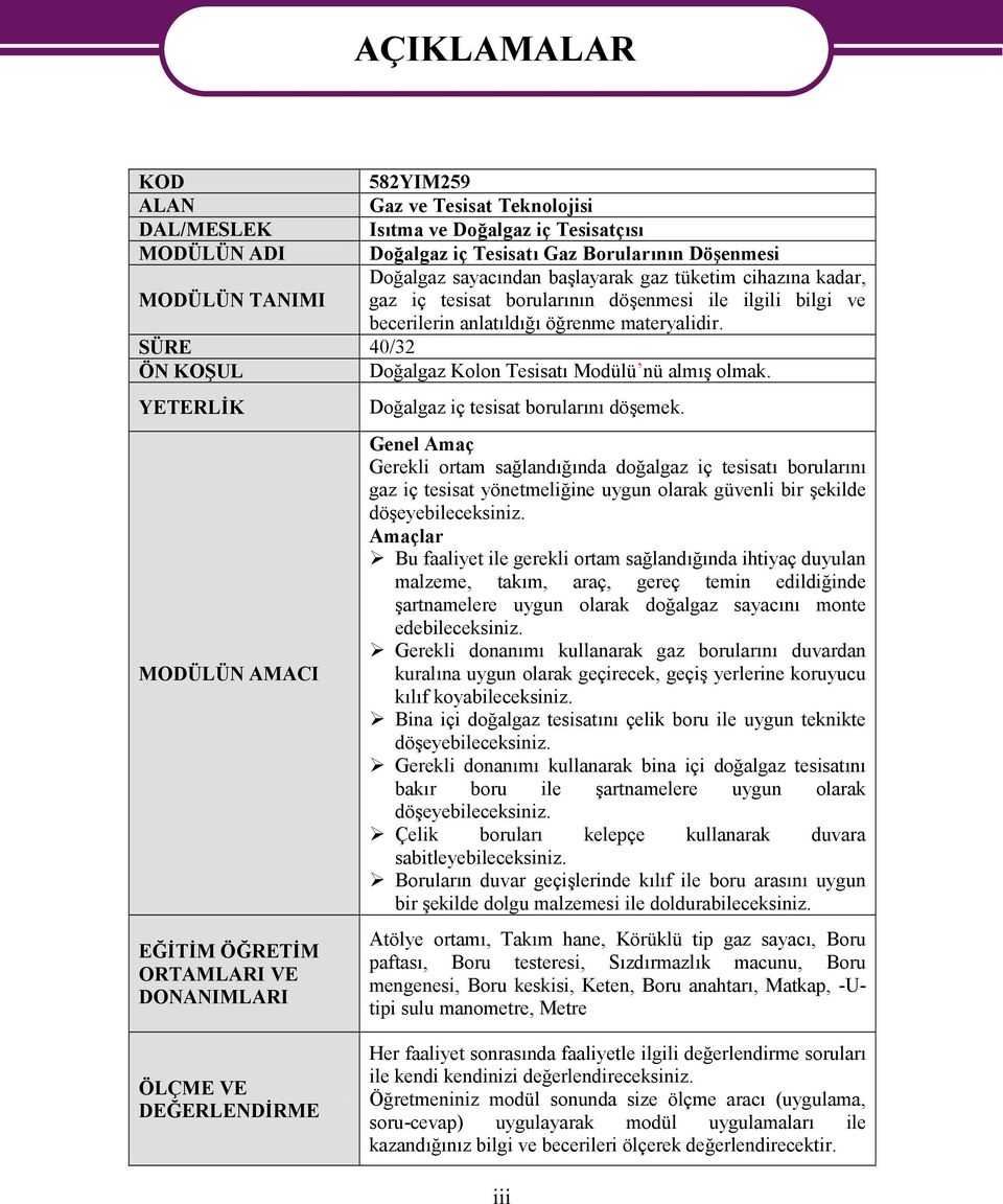 SÜRE 40/32 ÖN KOŞUL Doğalgaz Kolon Tesisatı Modülü nü almış olmak. YETERLİK MODÜLÜN AMACI EĞİTİM ÖĞRETİM ORTAMLARI VE DONANIMLARI AÇIKLAMALAR Doğalgaz iç tesisat borularını döşemek.