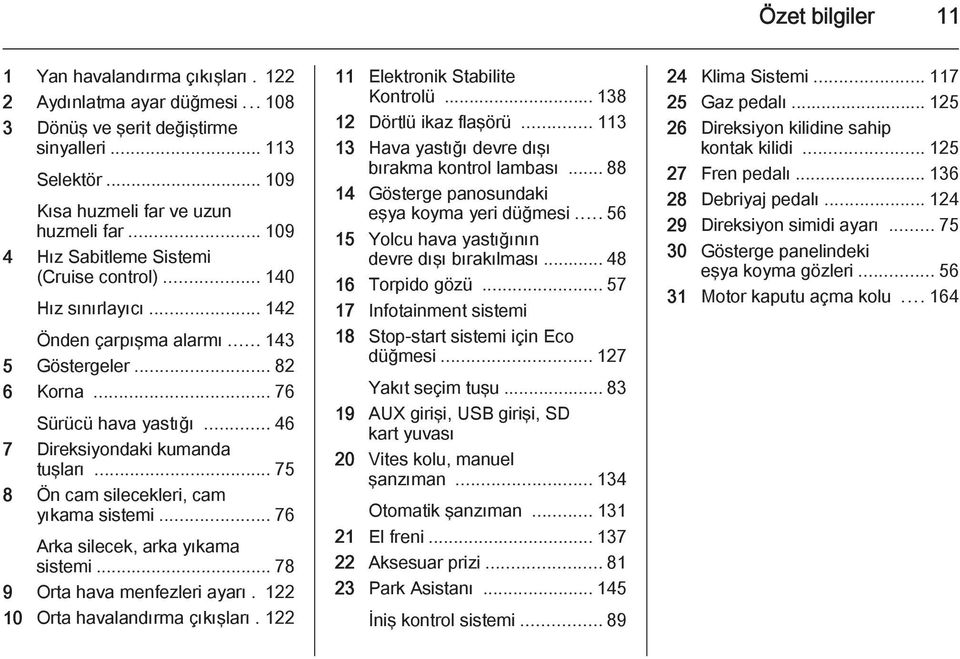 .. 75 8 Ön cam silecekleri, cam yıkama sistemi... 76 Arka silecek, arka yıkama sistemi... 78 9 Orta hava menfezleri ayarı. 122 10 Orta havalandırma çıkışları. 122 11 Elektronik Stabilite Kontrolü.