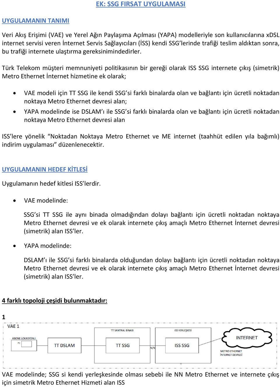 Türk Telekom müşteri memnuniyeti politikasının bir gereği olarak ISS SSG internete çıkış (simetrik) Metro Ethernet İnternet hizmetine ek olarak; VAE modeli için TT SSG ile kendi SSG si farklı