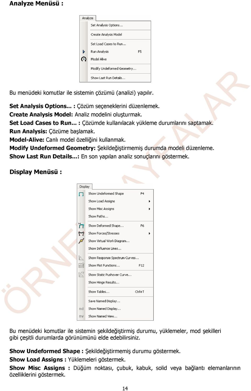 Modify Undeformed Geometry: Şekildeğiştirmemiş durumda modeli düzenleme. Show Last Run Details...: En son yapılan analiz sonuçlarını göstermek.