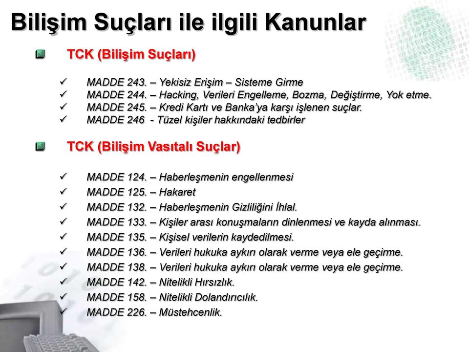 Hakaret MADDE 132. Haberleşmenin Gizliliğini İhlal. MADDE 133. Kişiler arası konuşmaların dinlenmesi ve kayda alınması. MADDE 135. Kişisel verilerin kaydedilmesi. MADDE 136.