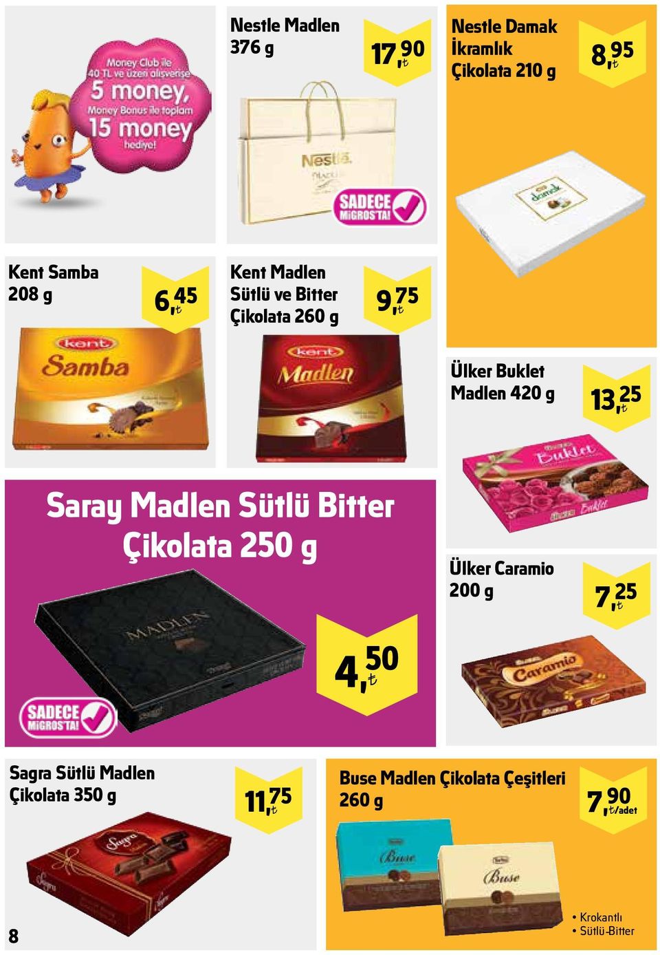 Saray Madlen Sütlü Bitter Çikolata 250 g 4, 50 Ülker Caramio 200 g 7, 25 Sagra Sütlü