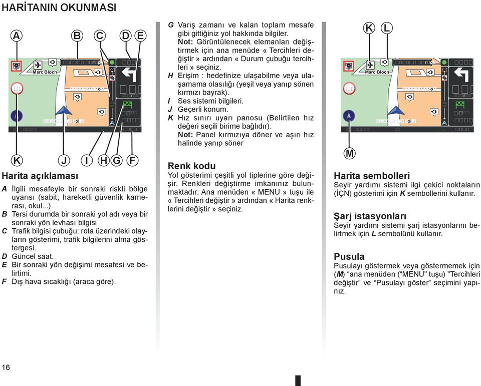 E Bir sonraki yön değişimi mesafesi ve belirtimi. F Dış hava sıcaklığı (araca göre). I H G F G Varış zamanı ve kalan toplam mesafe gibi gittiğiniz yol hakkında bilgiler.