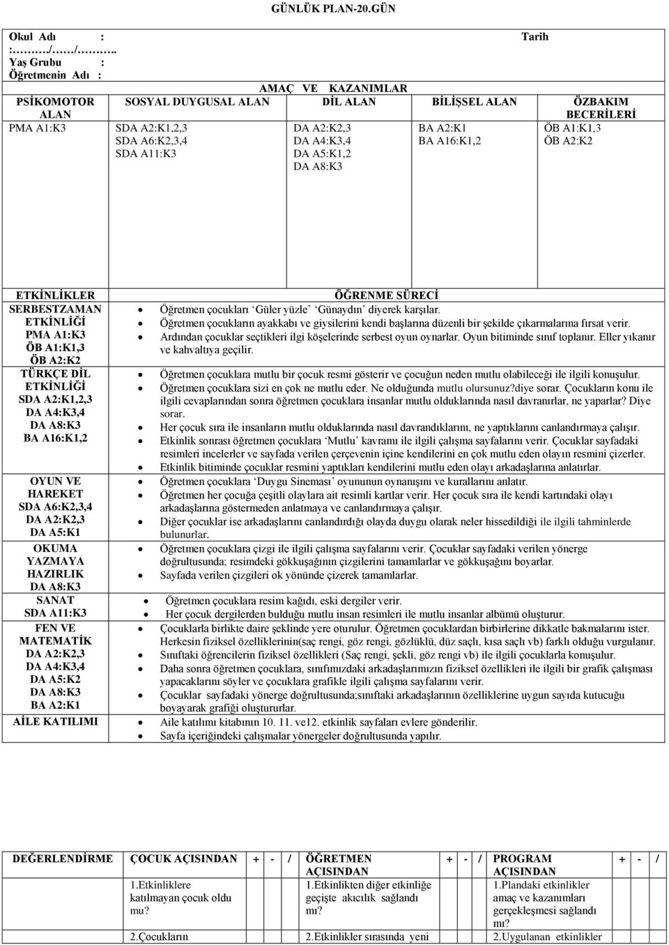 TÜRKÇE DİL SDA A2:K1,2,3 BA A16:K1,2 DA A5:K1 OKUMA YAZMAYA HAZIRLIK SANAT FEN VE MATEMATİK BA A2:K1 ÖĞRENME SÜRECİ Öğretmen çocukları Güler yüzle Günaydın diyerek karşılar.