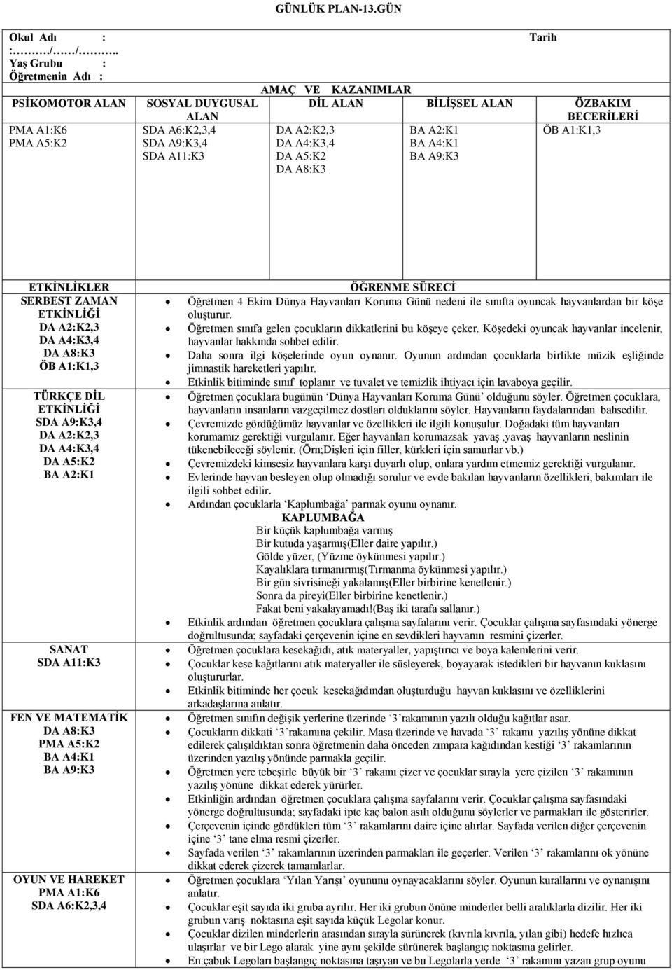 ZAMAN TÜRKÇE DİL SDA A9:K3,4 BA A2:K1 SANAT FEN VE MATEMATİK PMA A5:K2 BA A9:K3 PMA A1:K6 ÖĞRENME SÜRECİ Öğretmen 4 Ekim Dünya Hayvanları Koruma Günü nedeni ile sınıfta oyuncak hayvanlardan bir köşe