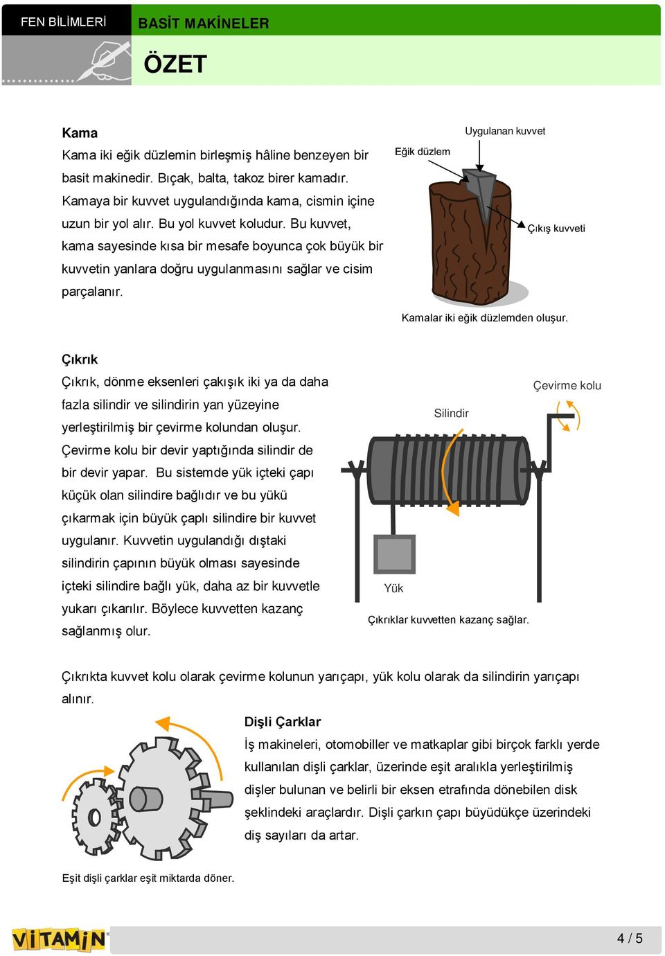 Uygulanan kuvvet Kamalar iki eğik düzlemden oluşur. Çıkrık Çıkrık, dönme eksenleri çakışık iki ya da daha fazla silindir ve silindirin yan yüzeyine yerleştirilmiş bir çevirme kolundan oluşur.