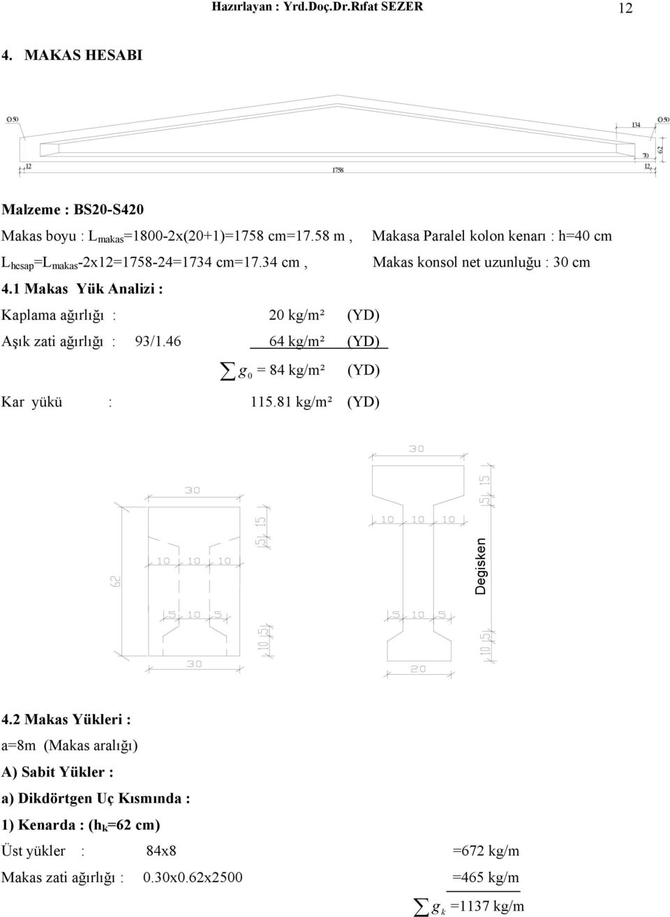 1 Makas Yük Analizi : Kaplama ağırlığı : 20 kg/m² (YD) Aşık zati ağırlığı : 93/1.46 64 kg/m² (YD) g 0 84 kg/m² (YD) Kar yükü : 115.81 kg/m² (YD) Degisken 4.