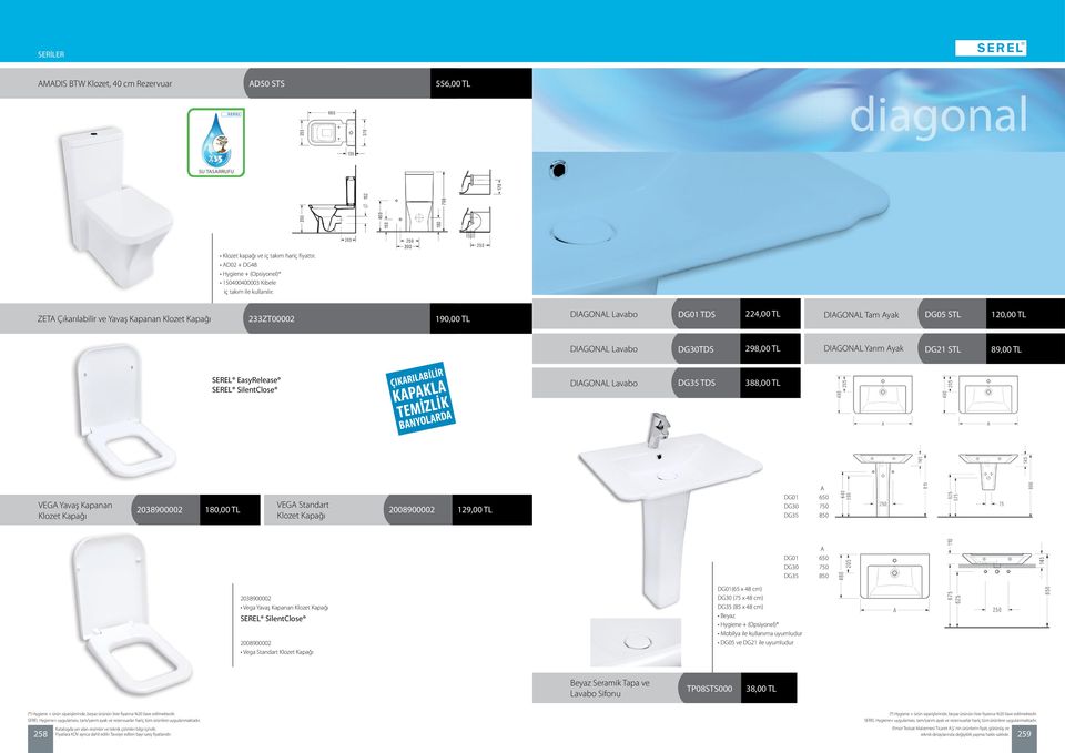 TL SEREL EasyRelease ÇIKARILABİLİR KAPAKLA TEMİZLİK BANYOLARDA DIAGONAL Lavabo DG35 TDS 388,00 TL VEGA Yavaş Kapanan VEGA Standart 2038900002 180,00 TL 2008900002 129,00 TL A DG01 650 DG30 750 DG35