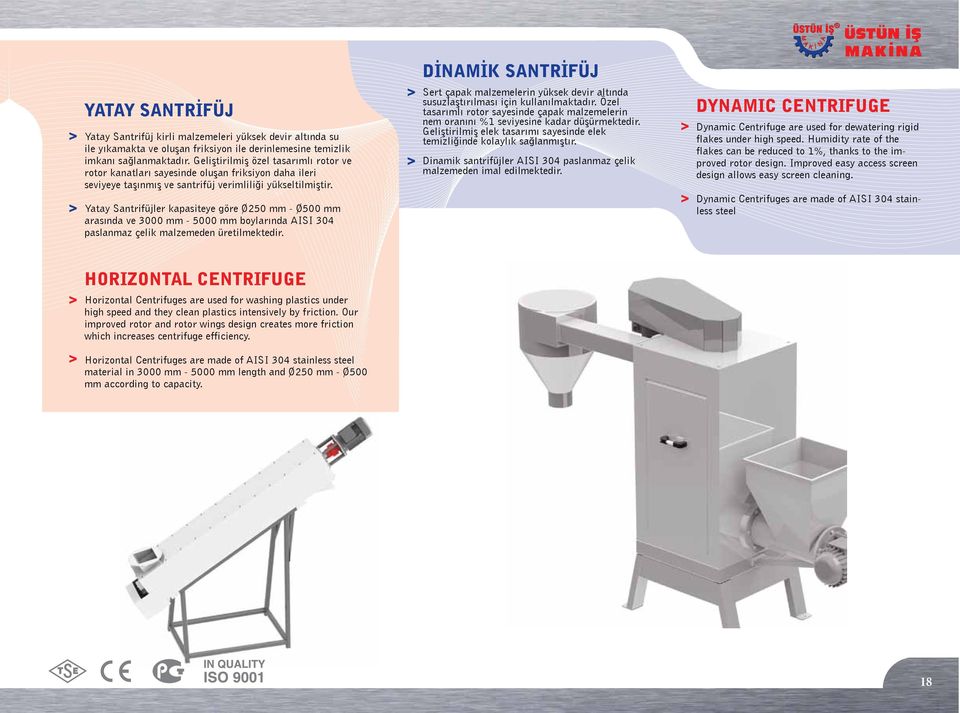 Yatay Santrifüjler kapasiteye göre Ø250 mm - Ø500 mm arasında ve 3000 mm - 5000 mm boylarında AISI 304 paslanmaz çelik malzemeden üretilmektedir.