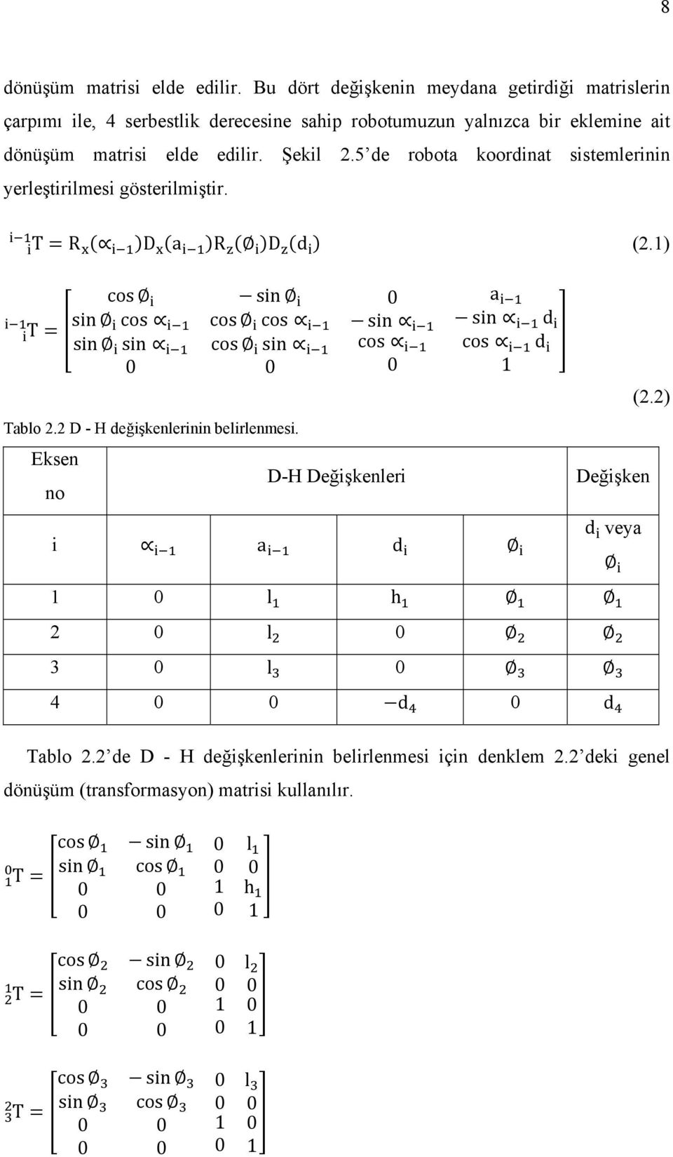 5 de robota koordinat sistemlerinin yerleştirilmesi gösterilmiştir. T R D a R D d (2.1) T cos sin cos sin sin sin cos cos cos sin Tablo 2.