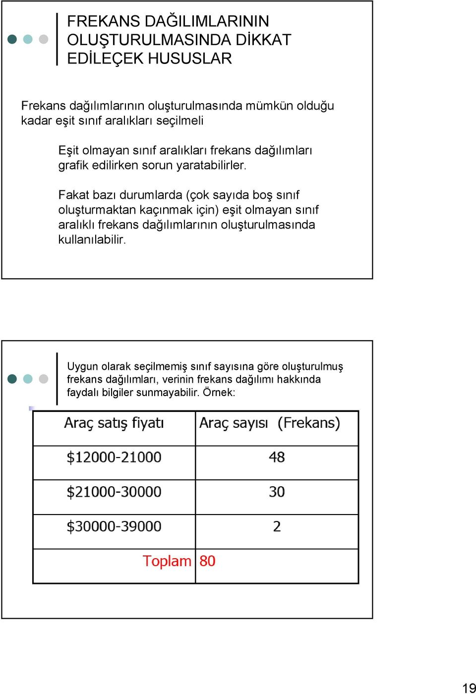 Fakat bazı durumlarda (çok sayıda boş sınıf oluşturmaktan kaçınmak için) eşit olmayan sınıf aralıklı frekans dağılımlarının