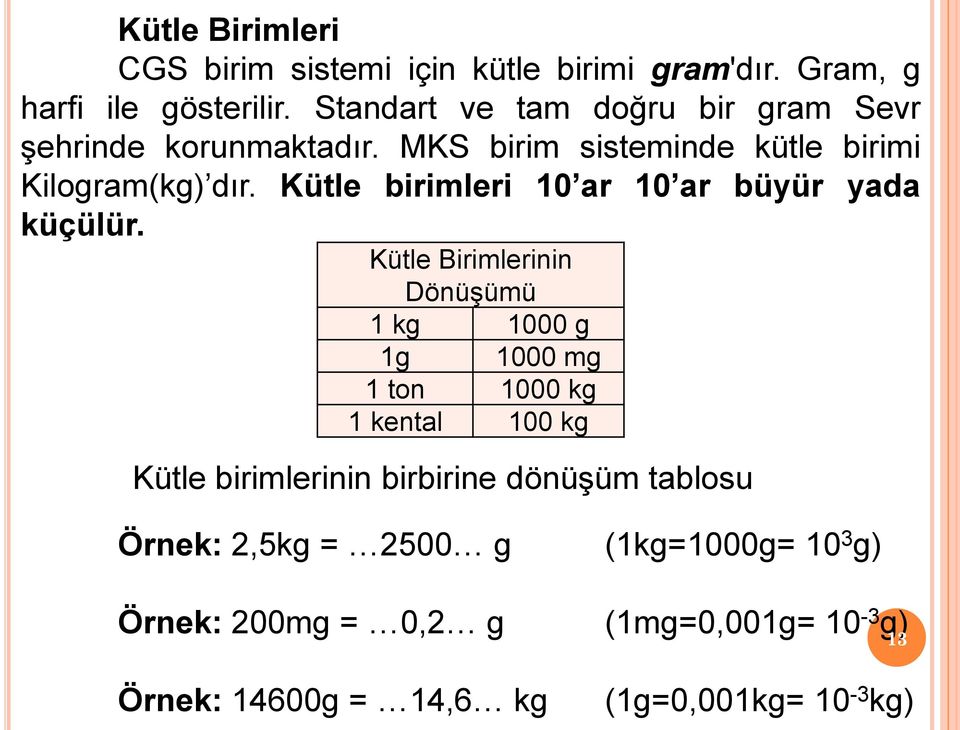 Kütle birimleri 10 ar 10 ar büyür yada küçülür.