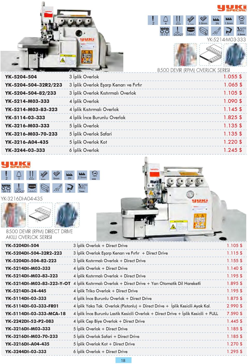 090 $ YK-5214-M03-83-323 4 İplik Kıstırmalı Overlok 1.145 $ YK-5114-03-333 4 İplik İnce Burunlu Overlok 1.825 $ YK-3216-M03-333 5 İplik Overlok 1.135 $ YK-3216-M03-70-233 5 İplik Overlok Safari 1.