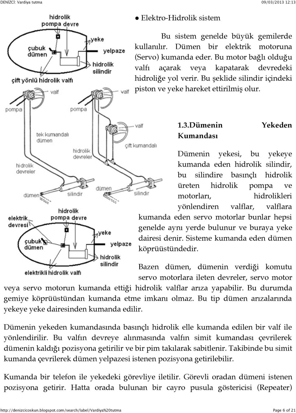 Dümenin Kumandası Yekeden Dümenin yekesi, bu yekeye kumanda eden hidrolik silindir, bu silindire basınçlı hidrolik üreten hidrolik pompa ve motorları, hidrolikleri yönlendiren valflar, valflara