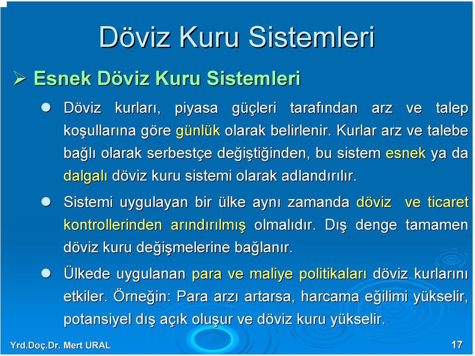 Sistemi uygulayan bir ülke aynı zamanda döviz ve ticaret kontrollerinden arındırılmış olmalıdır. Dış denge tamamen döviz kuru değişmelerine bağlanır.