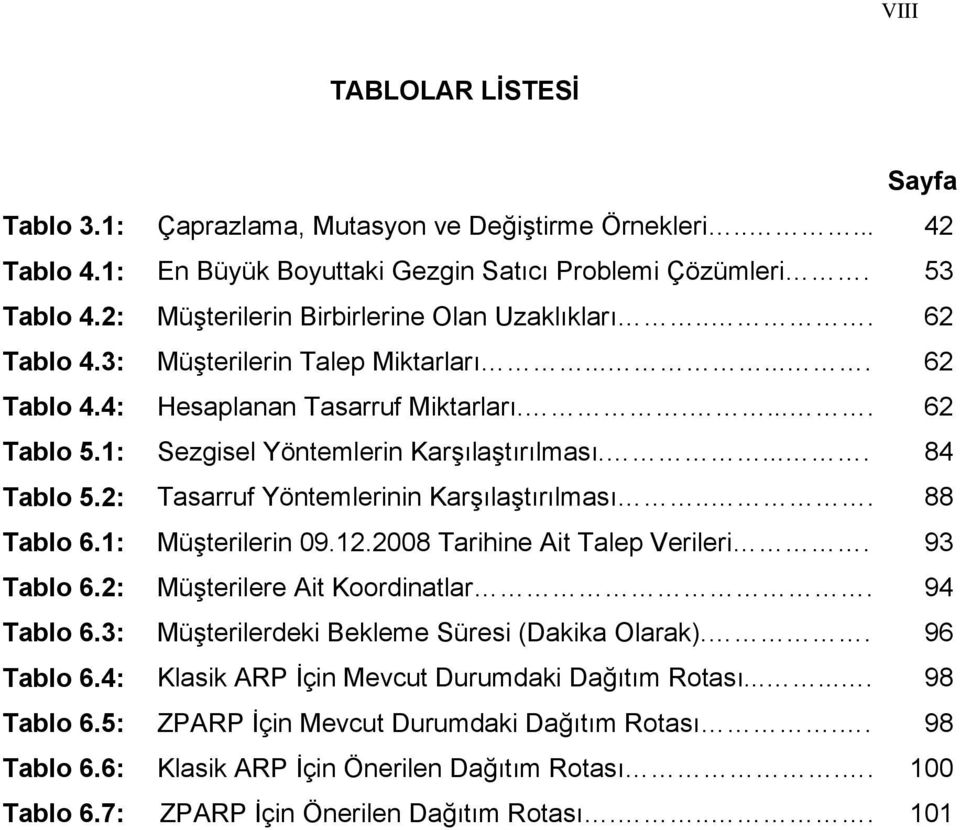 1: Sezgisel Yöntemlerin Karşılaştırılması..... 84 Tablo 5.2: Tasarruf Yöntemlerinin Karşılaştırılması... 88 Tablo 6.1: Müşterilerin 09.12.2008 Tarihine Ait Talep Verileri. 93 Tablo 6.