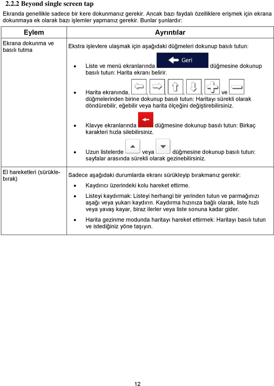 Harita ekranı belirir. Harita ekranında,,,,, ve düğmelerinden birine dokunup basılı tutun: Haritayı sürekli olarak döndürebilir, eğebilir veya harita ölçeğini değiştirebilirsiniz.