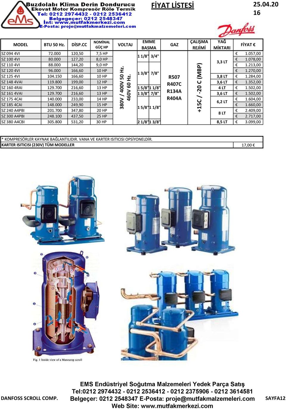 800 199,00 12 HP 3,6 LT 1.352,00 R407C SZ 160 4RAI 129.700 216,60 13 HP 1 5/8"1 1/8" 4 LT 1.502,00 SZ 161 4VAI 129.700 216,60 13 HP 1 3/8" 7/8" R134A 3,6 LT 1.502,00 SZ 175 4CAI 140.