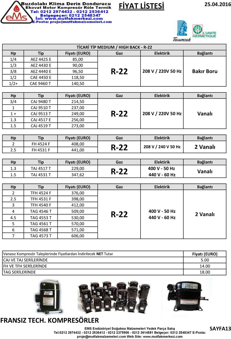 208 V / 220V 50 Hz Bakır Boru Hp 3/4 1 1 + 1.3 1.