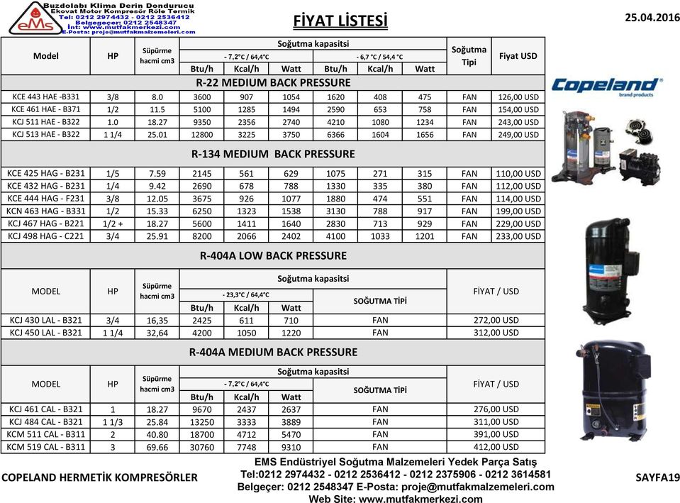 HP Süpürme hacmi cm3 Soğutma kapasitsi - 7,2 C / 64,4 C - 6,7 C / 54,4 C Btu/h Kcal/h Watt Btu/h Kcal/h Watt R-22 MEDIUM BACK PRESSURE 3/8 8.0 3600 907 1054 1620 408 475 FAN 126,00 USD 1/2 11.