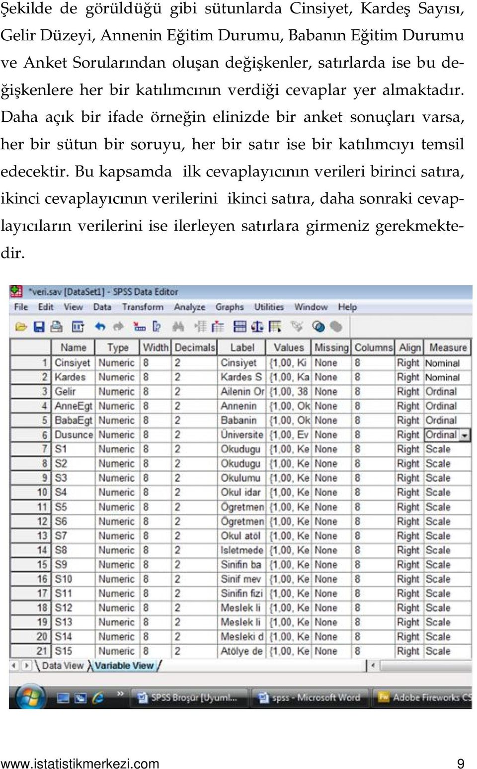 Daha açık bir ifade örneğin elinizde bir anket sonuçları varsa, her bir sütun bir soruyu, her bir satır ise bir katılımcıyı temsil edecektir.