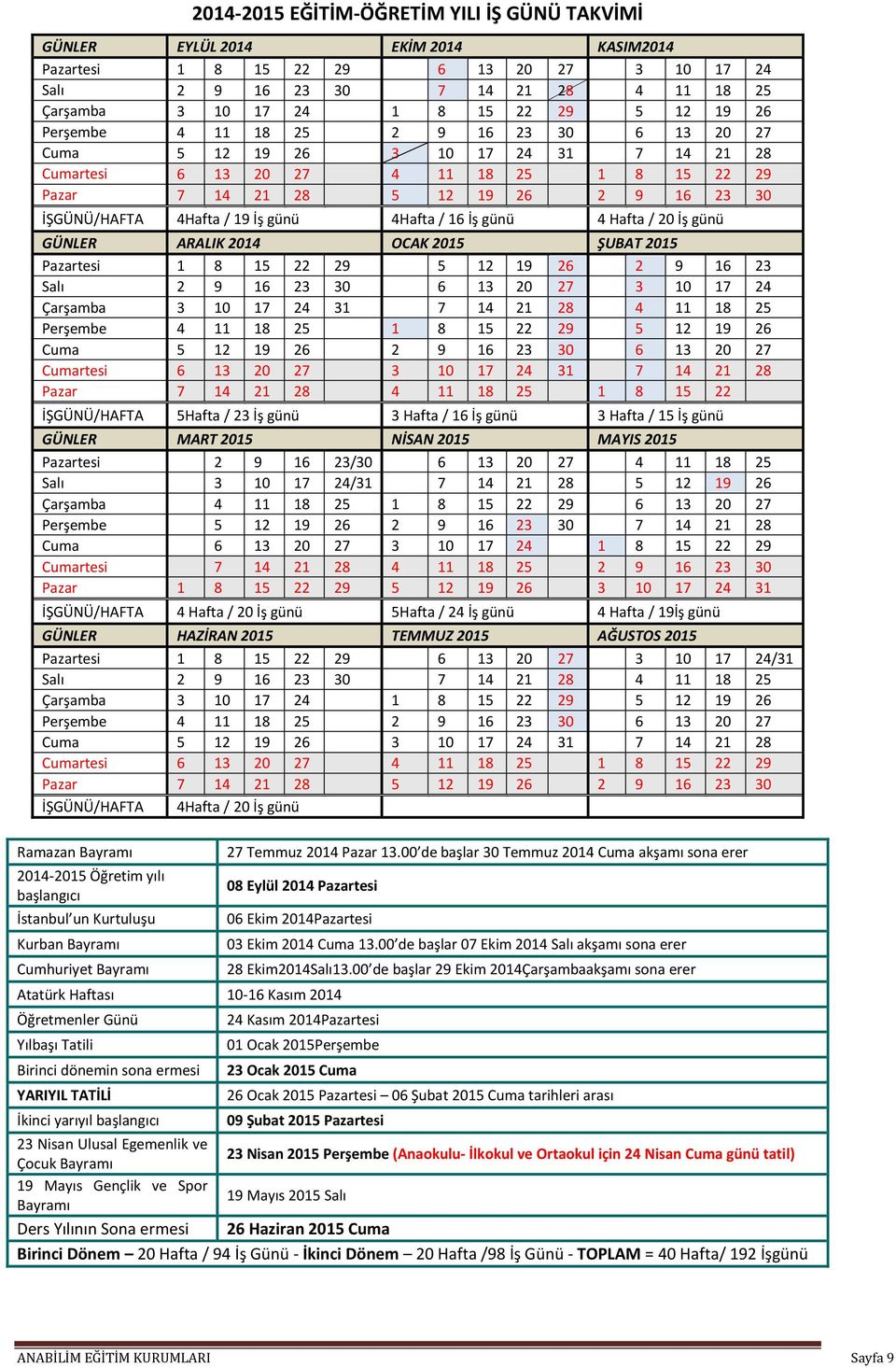 / 19 İş günü 4Hafta / 16 İş günü 4 Hafta / 20 İş günü GÜNLER ARALIK 2014 OCAK 2015 ŞUBAT 2015 Pazartesi 1 8 15 22 29 5 12 19 26 2 9 16 23 2 9 16 23 30 6 13 20 27 3 10 17 24 Çarşamba 3 10 17 24 31 7