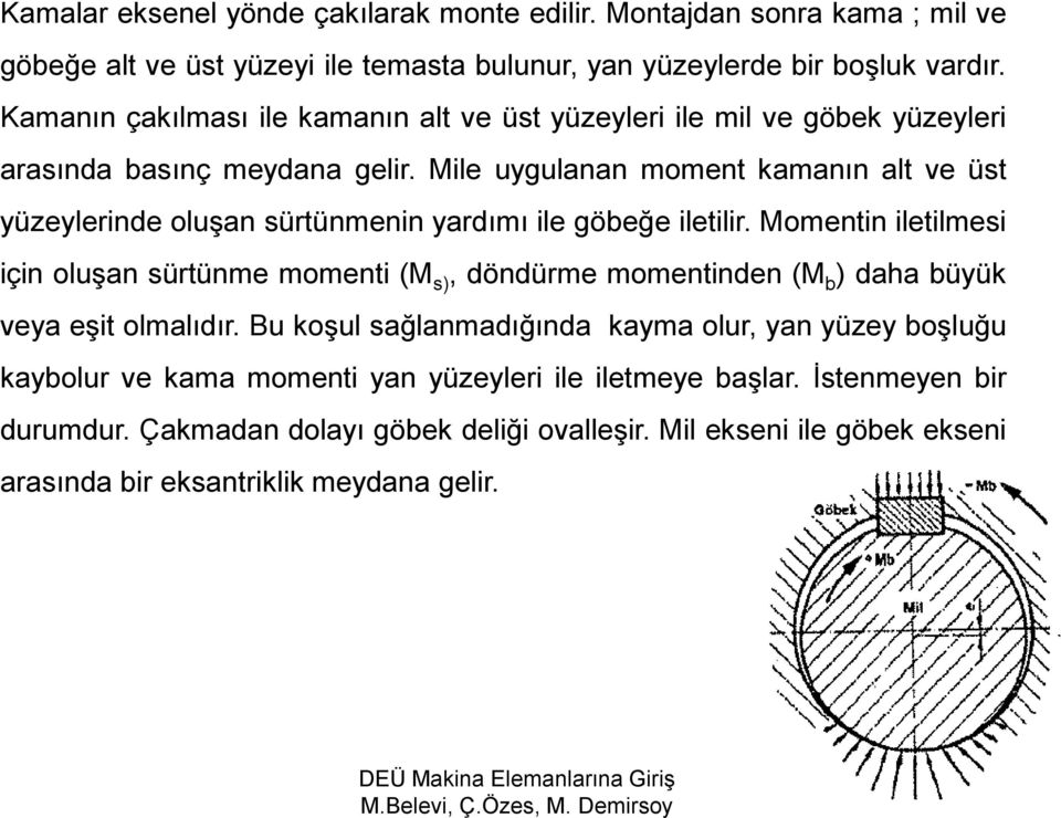 Mile uygulanan moment kamanın alt ve üst yüzeylerinde oluģan sürtünmenin yardımı ile göbeğe iletilir.