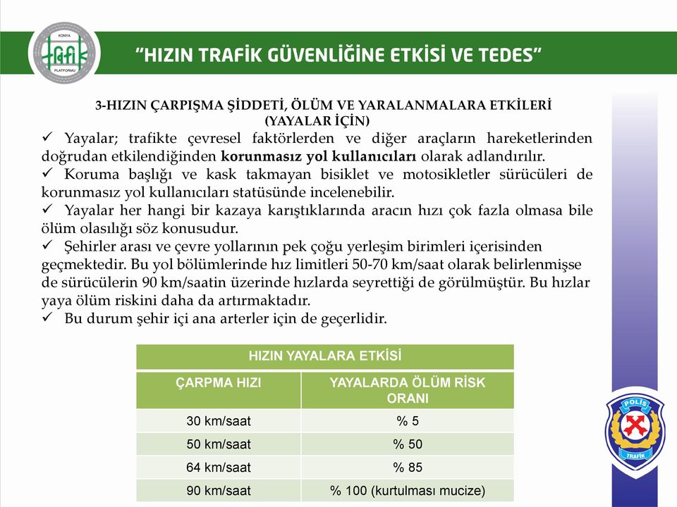 Yayalar her hangi bir kazaya karıştıklarında aracın hızı çok fazla olmasa bile ölüm olasılığı söz konusudur. Şehirler arası ve çevre yollarının pek çoğu yerleşim birimleri içerisinden geçmektedir.