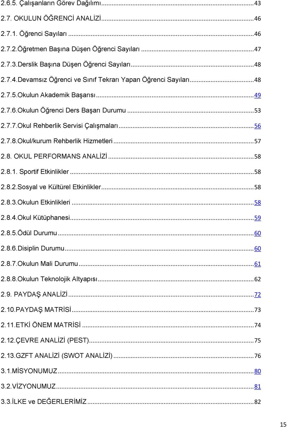 .. 56 2.7.8.Okul/kurum Rehberlik Hizmetleri... 57 2.8. OKUL PERFORMANS ANALİZİ... 58 2.8.1. Sportif Etkinlikler... 58 2.8.2.Sosyal ve Kültürel Etkinlikler... 58 2.8.3.Okulun Etkinlikleri... 58 2.8.4.