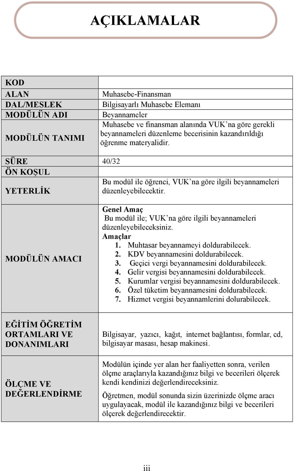 MODÜLÜN AMACI Genel Amaç Bu modül ile; VUK na göre ilgili beyannameleri düzenleyebileceksiniz. Amaçlar 1. Muhtasar beyannameyi doldurabilecek. 2. KDV beyannamesini doldurabilecek. 3.